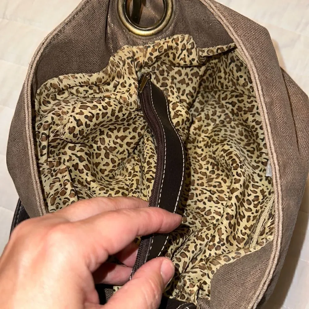 Braciano Metallic Canvas Tan Brown Leather Combo Hobo Shoulder Bag Purse